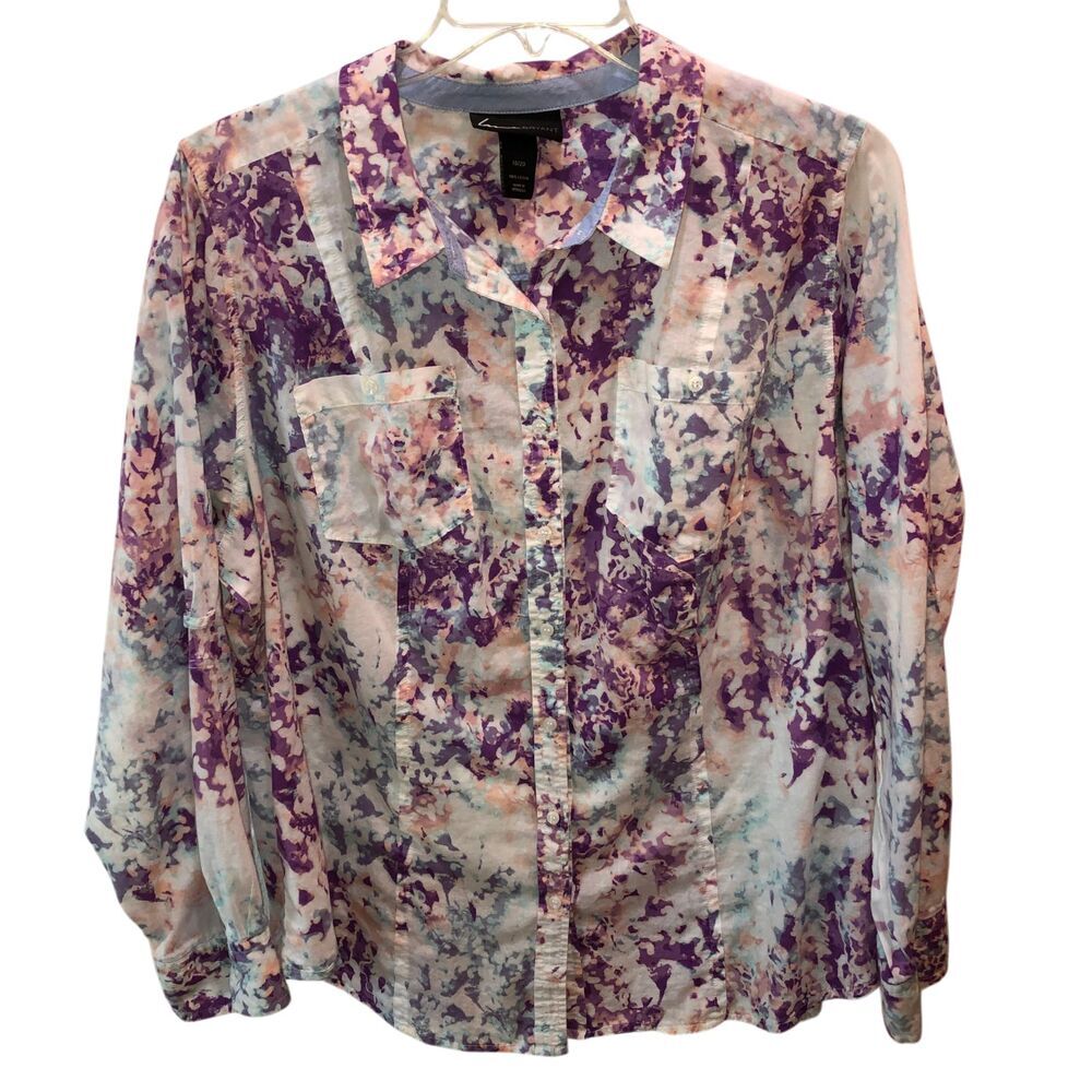 Lane Bryant Womens Size 18 20 Purple Watercolor Long Sleeve Button Up Shirt Top